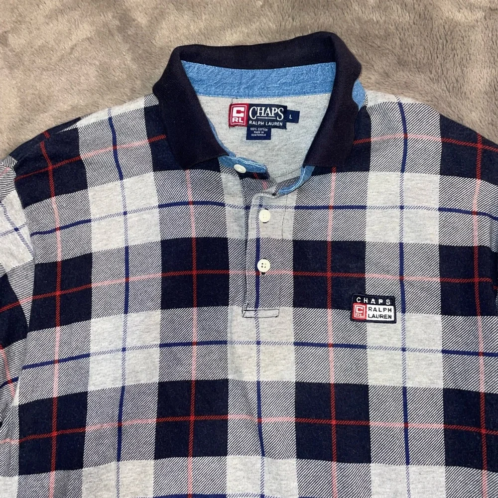 Chaps Ralph Lauren long sleeve checkered polo size L, blue/gray/red - Picture 3 of 9